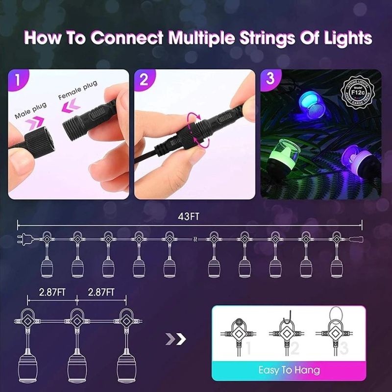 RGB Outdoor String Lights, Sync to Music, 12 Shatterproof Bulb, Backyard Hanging Patio String Lights