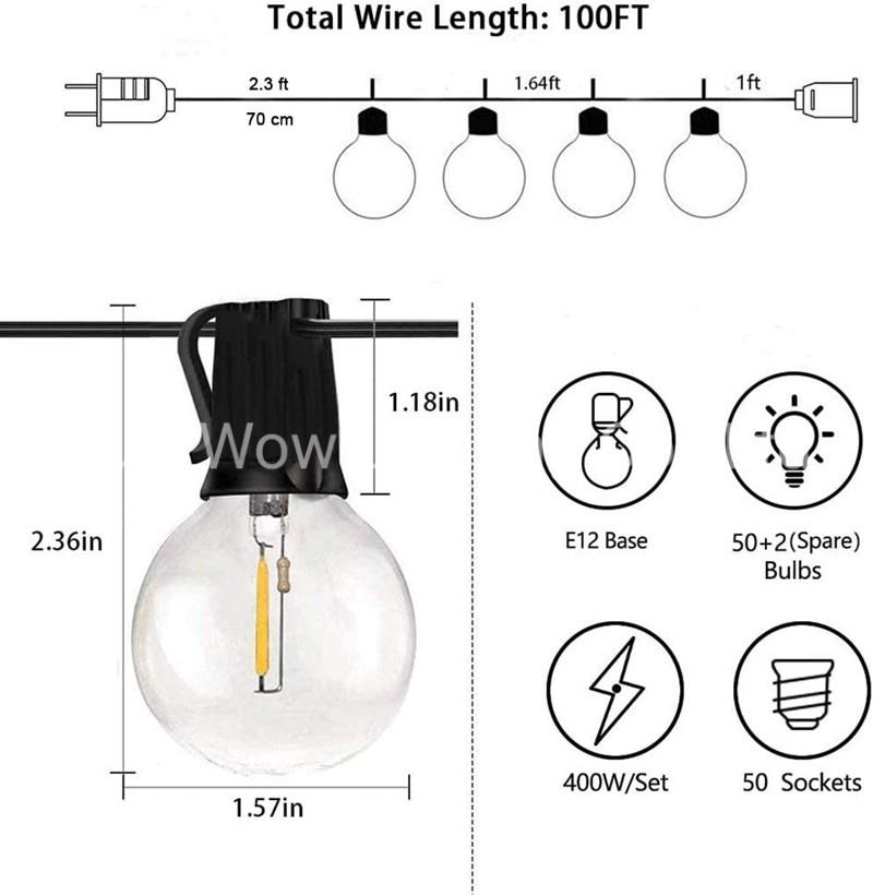 LED String Light 100FT Anting Festoon Mains Lights G40 Waterproof IP45 Indoor/Outdoor Garden Lights