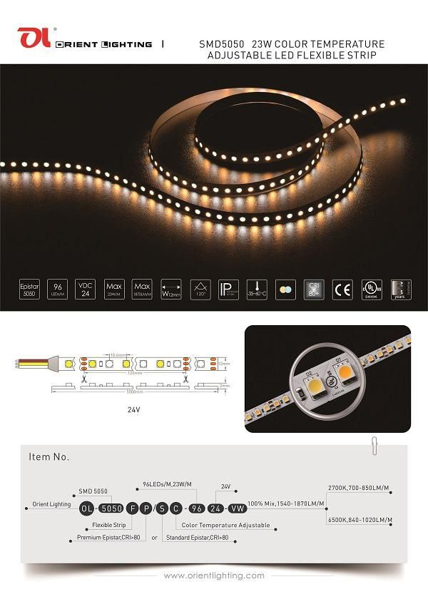 UL Ce Epistar 5050 Variable White Color 24V 23W/M LED Strip Light