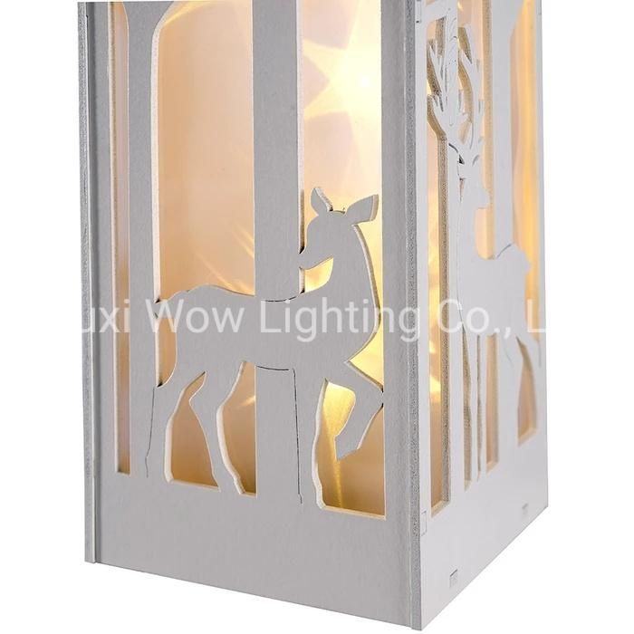 Christmas Lantern with Reindeer Scene - White