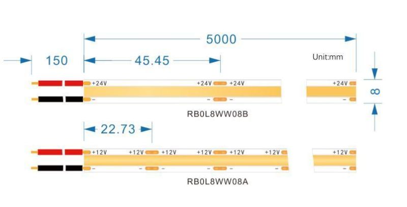 No Dots 528 Chips 8mm Width FPC 10W/M DC12V/DC24V 5m Roll IP20 Flexible COB LED Strips with CE, RoHS, UL and Bis Certification