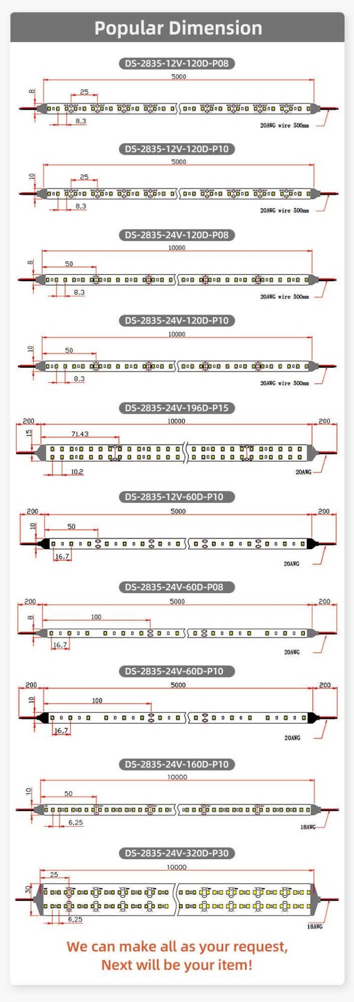8W to 14W Wholesale Customized SMD2835 120LEDs 8mm PCB IP65 LED Strip Light
