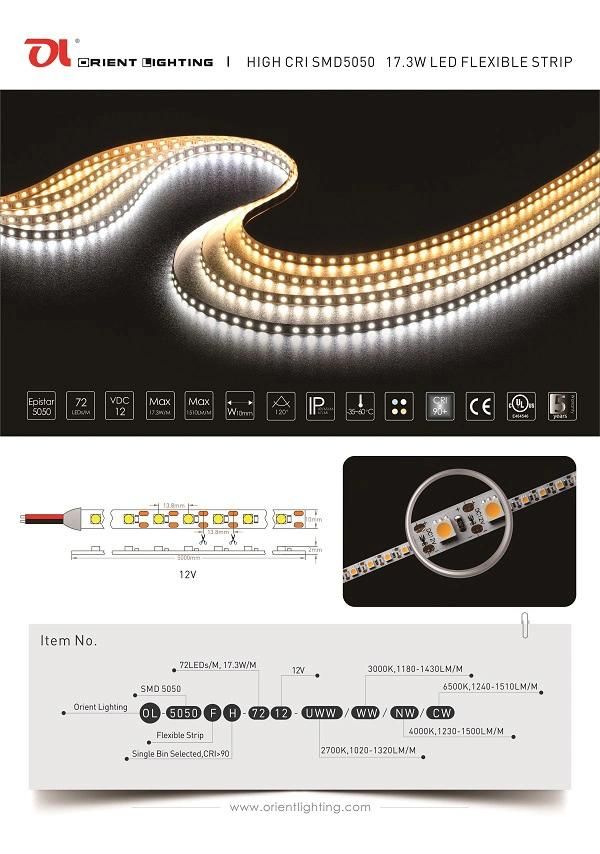 UL Ce High CRI SMD5050 72LEDs 12V 3000K LED Strip Light