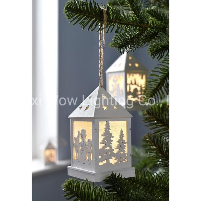Christmas Hanging Lantern Wood 12 Cm - White Set of 3 - White