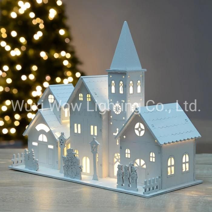 Wooden Church Scene Illuminated with 4 Warm LED Lights - White