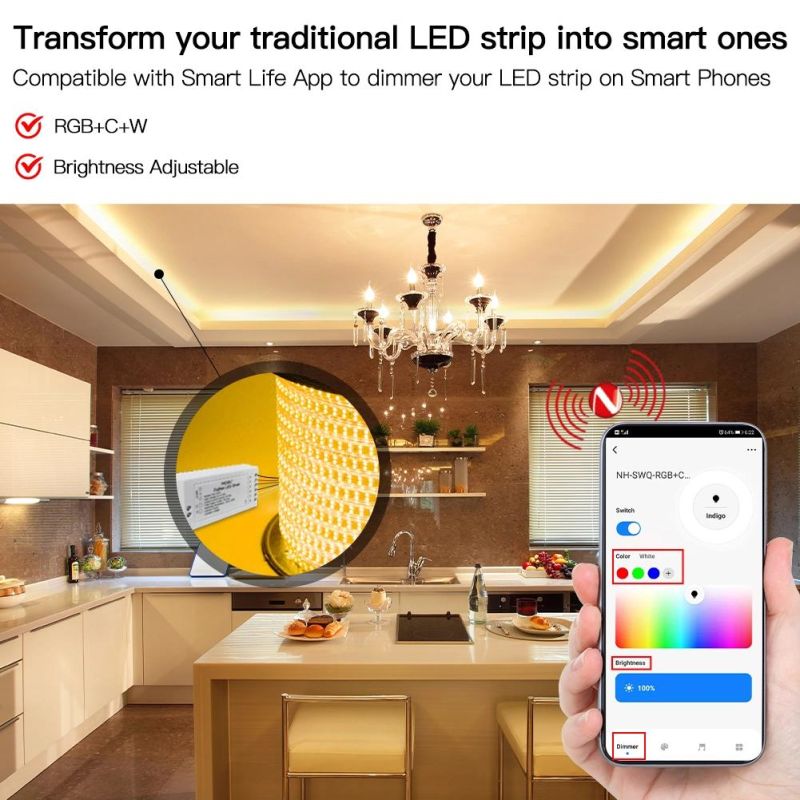 LED Strip Light RGB+C+W+Dimmer Controller Driver 2700-6500K 15A Tuya Smart Home Automation Alexa Acho Zigbee Gateway Hub Needed