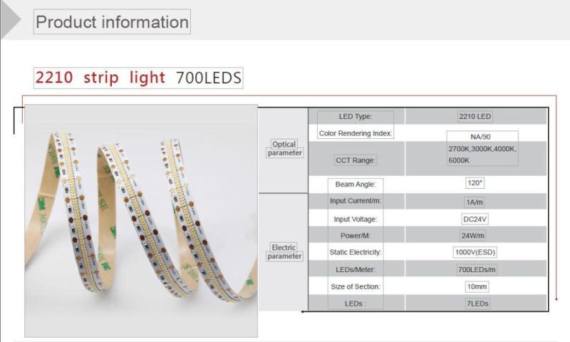 Manufactor Direct Sell SMD LED Strip Light 2210 700LEDs/M DC24V for Home/Office/Building