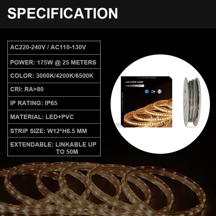 AC 220V 230V SMD LED Strip 2835 120LED Outdoor Used Waterproof IP65 82FT 25 Meters Length